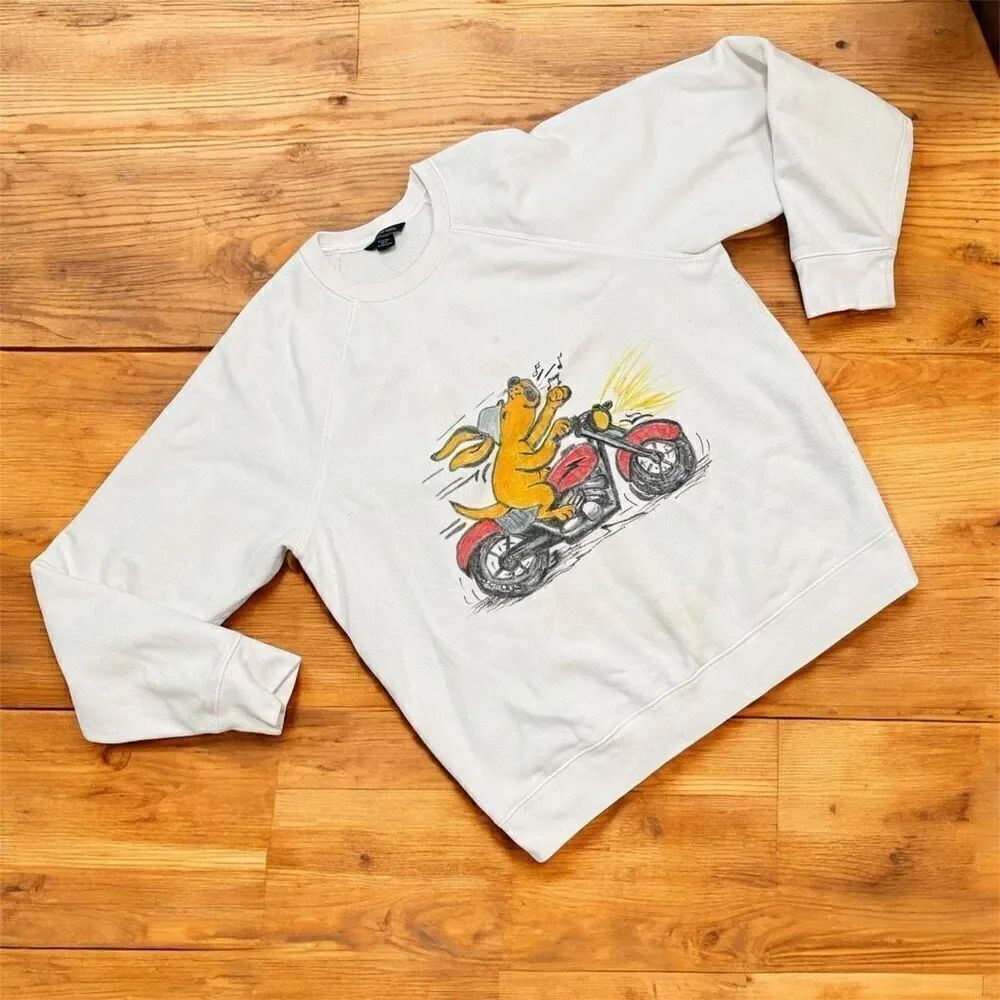 Vintage Lands End White Sweatshirt Graphic Novelty Motorcycle Dog Large